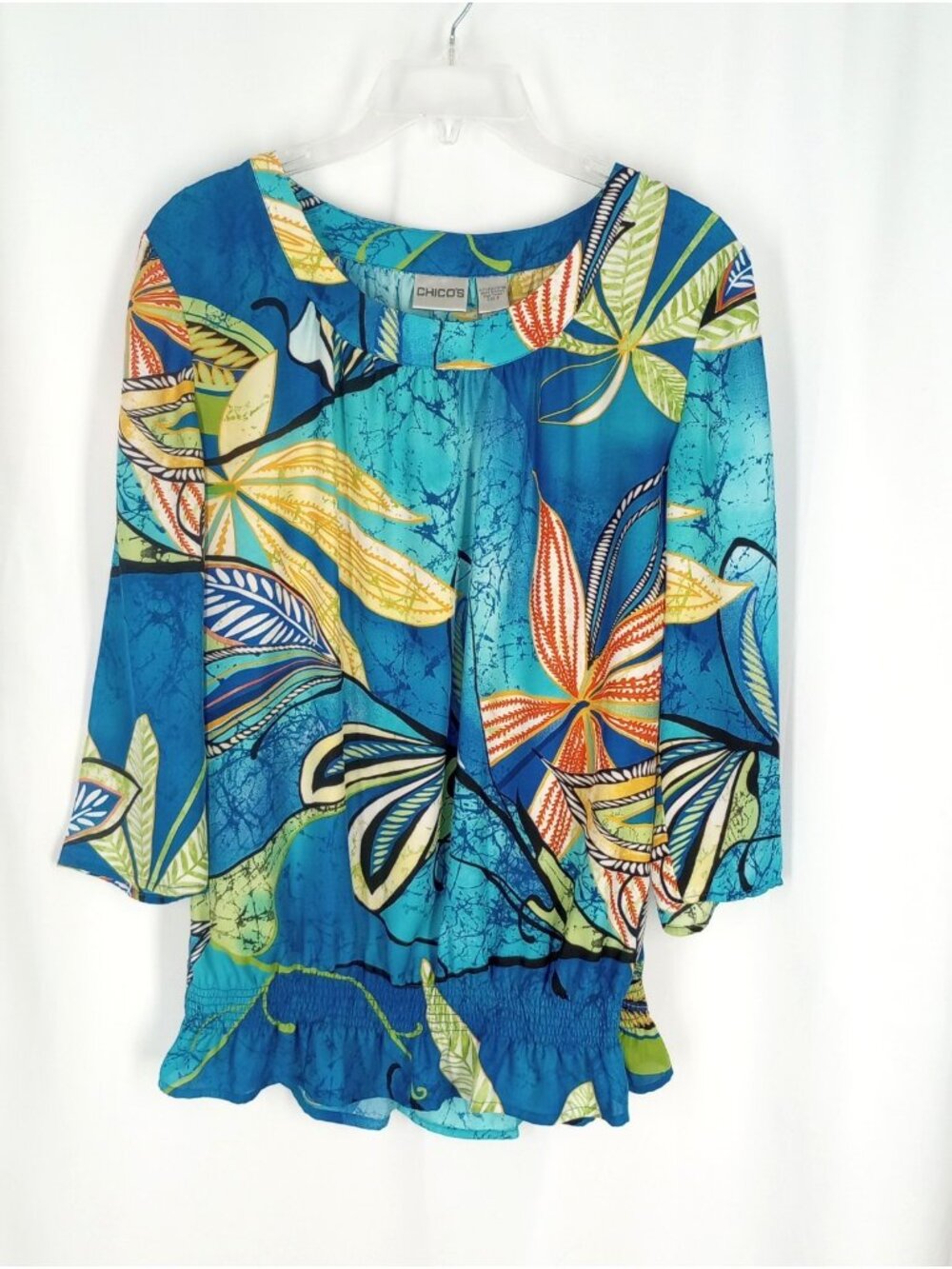 Chicos Blue Multi Floral Top Blouse sz 3 XL Tropical Beach Vacation Coastal